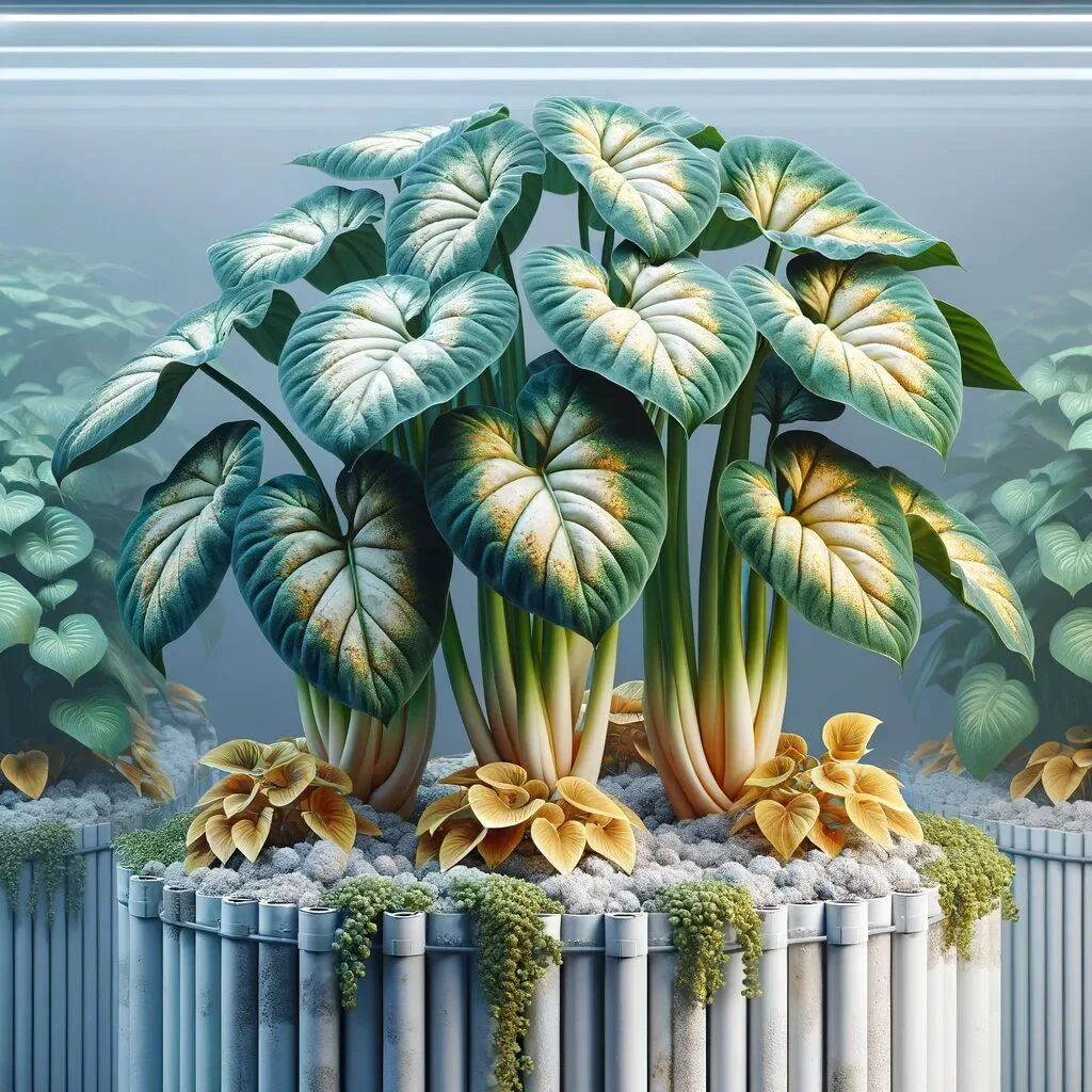 Tento obrázok nemá vyplnený ALT popisok, jeho názov je DALLE-2024-01-29-19.34.20-Realistic-image-of-Alocasia-plants-in-a-hydroponic-system-showing-signs-of-nutrient-deficiency-such-as-pale-or-yellowing-leaves.-This-image-should-il-jpg.webp